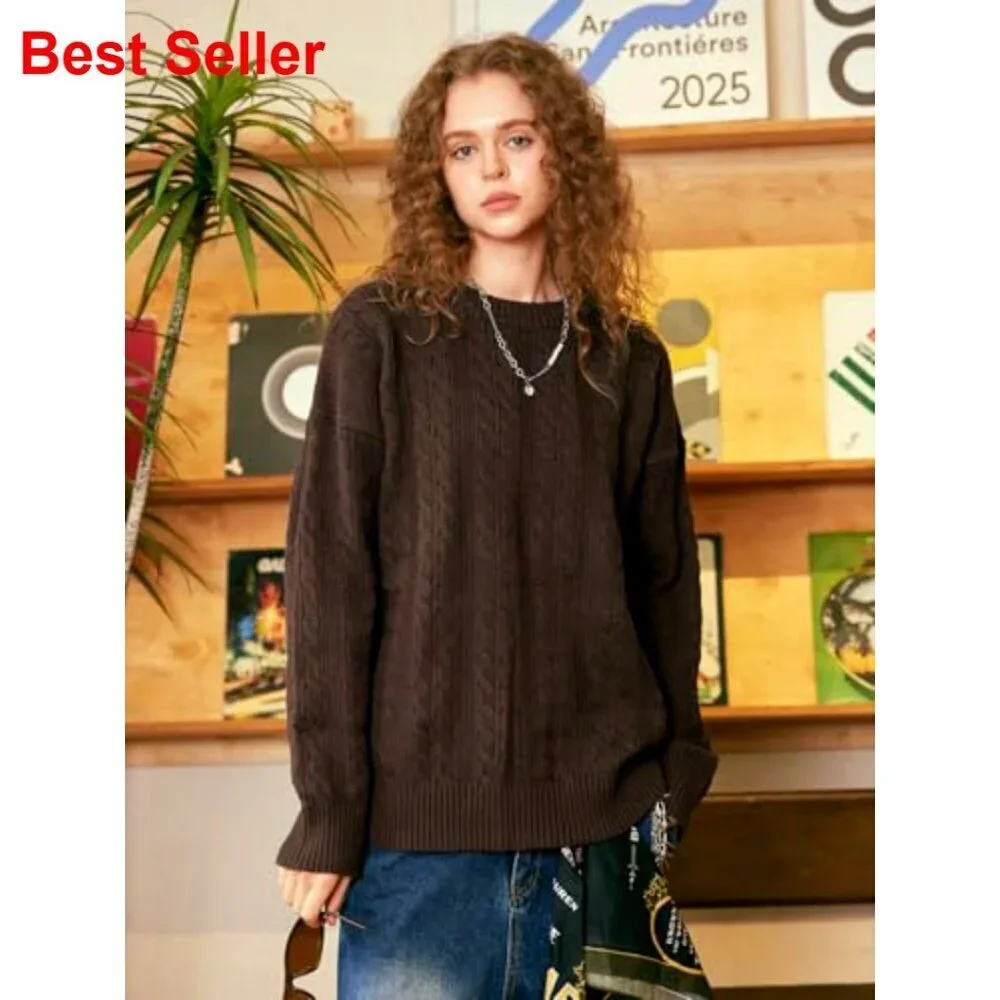 Oversized Cable Knit Sweater Pullover Crewneck Unisex Casual Streetwear