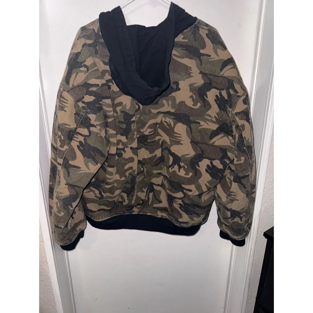Forever 21 Men Camouflage Bomber Jacket Hooded Orange Lined Size‎ L