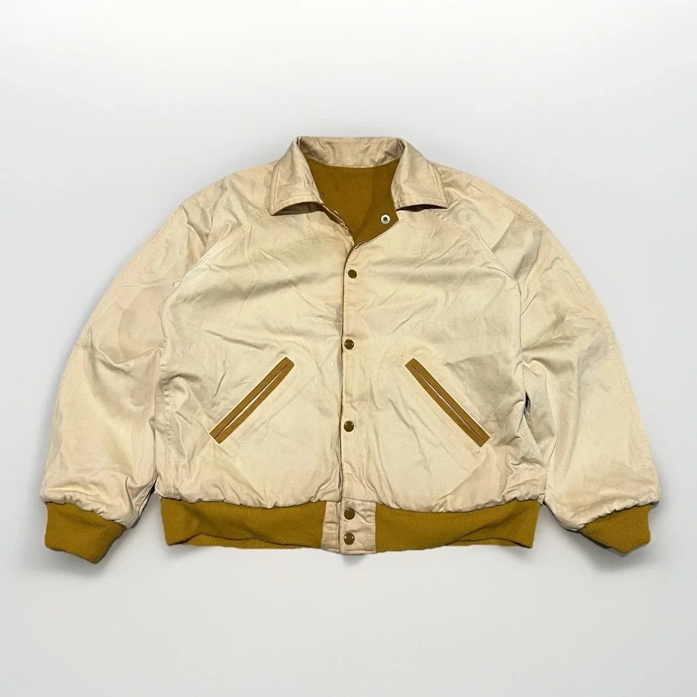 VTG 60s Mens Camel & Cream Two Tone Speedline Reversible Stadium Bomber Jacket