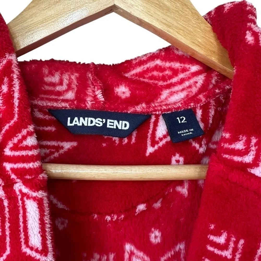 Lands' End Kids Fleece Hooded Robe, Christmas red with white snowflakes, 12