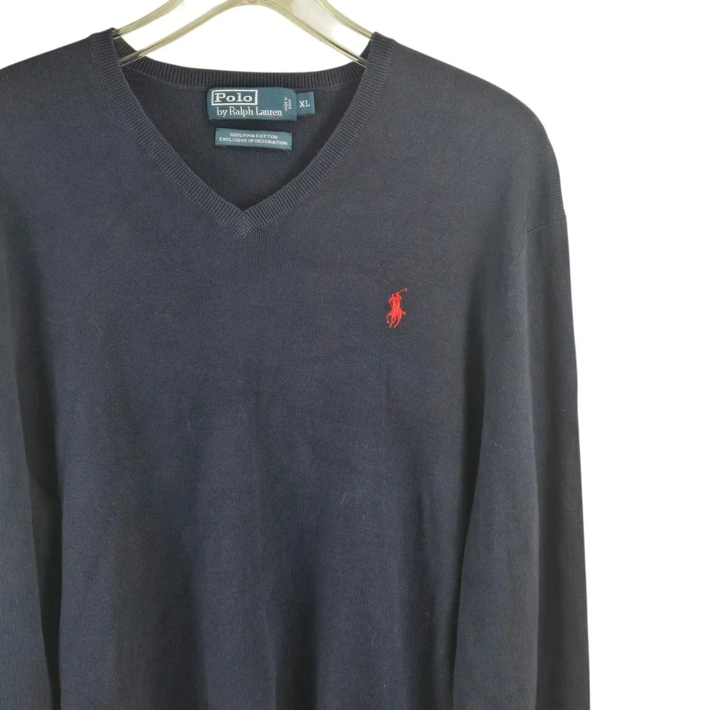 Polo Ralph Lauren Sweater V-Neck Pima Cotton Navy Blue XL Mens Pullover Pony Y2K