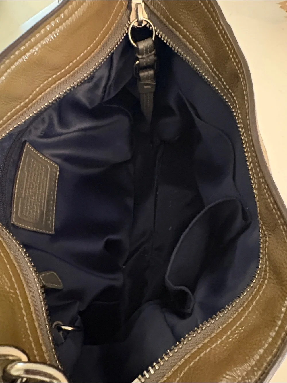 Coach Olive Brown Pebbled Leather Shoulder Bag with Chain Strap