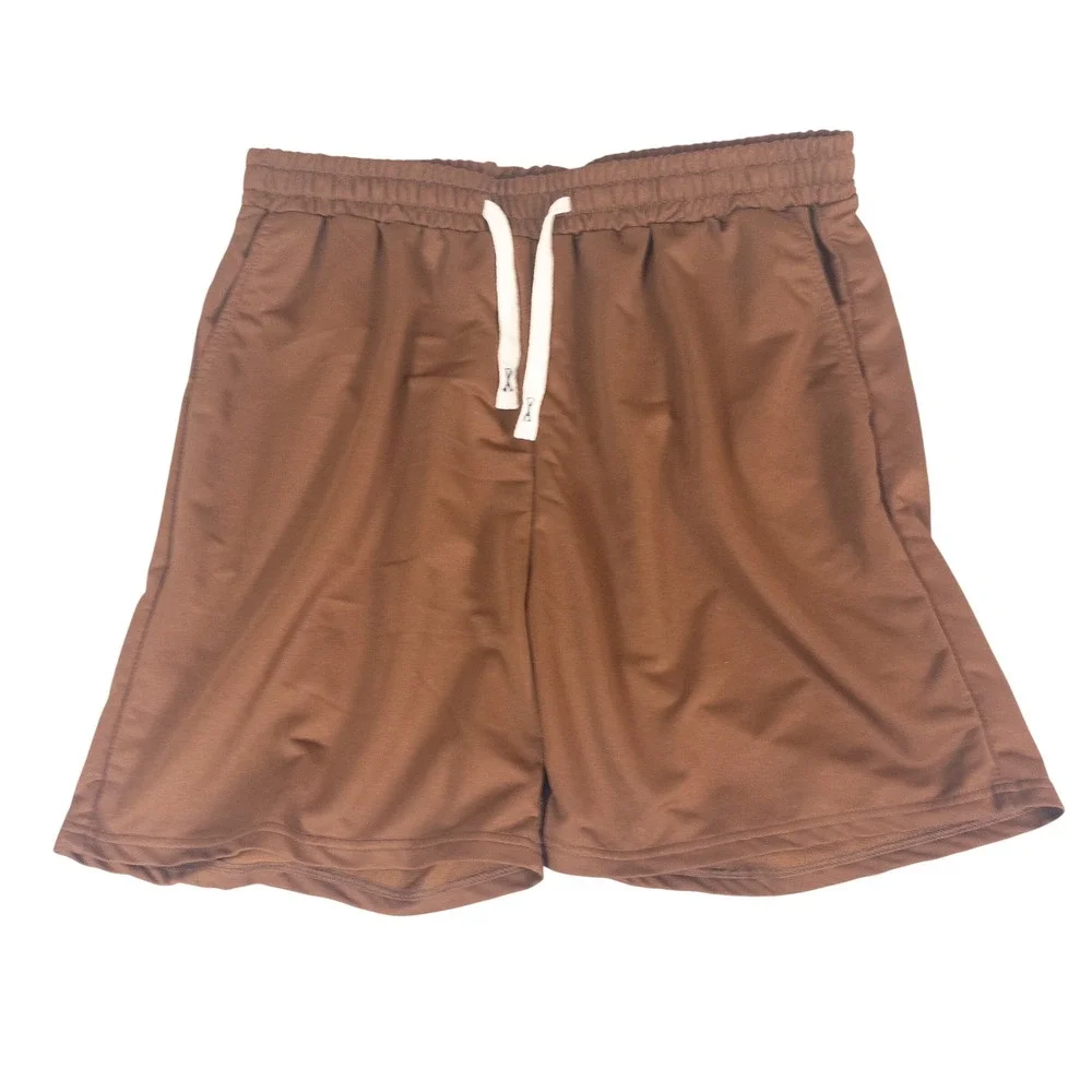 Mens Brown Mesh Athletic Gym Shorts XXL Elastic Waist Drawstring Pockets