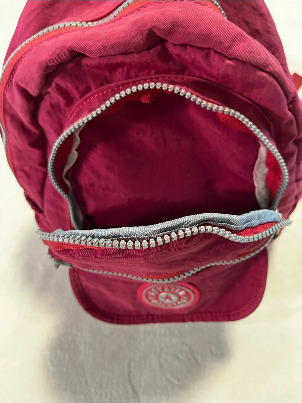Soyater Burgundy Red Nylon Backpack Multi Pocket Silver Zippers
