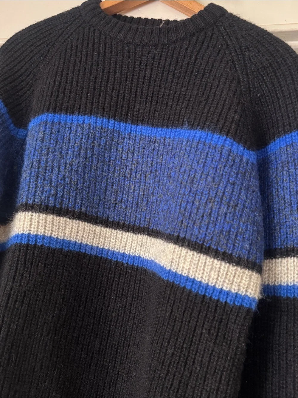 Blake and Manley wool blend vintage blue black gray striped 90s grandpa  Sweater