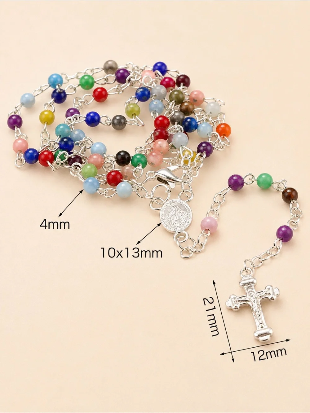 Multicolor Holy Rosary 4mm Plastic Beads Silver Tone Crucifix First Communion