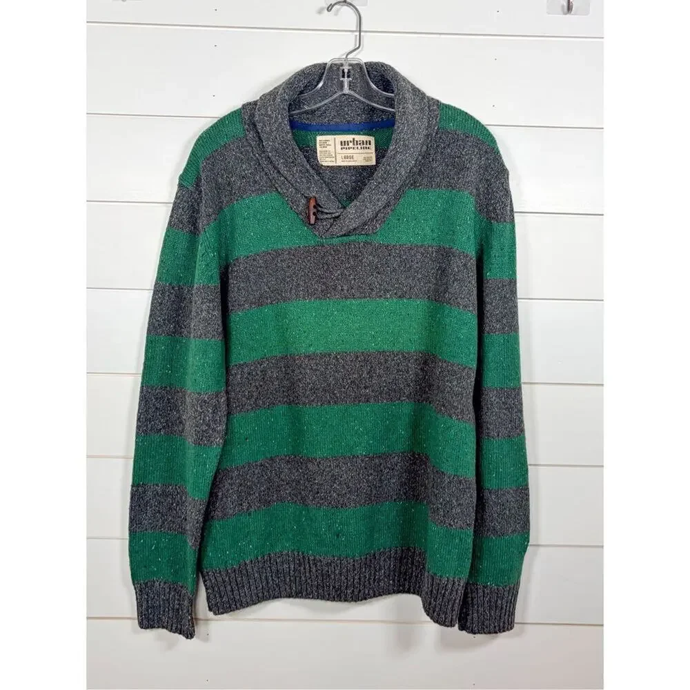 Urban Pipeline Men's Striped Knit Shawl Collar Sweater Heather Gray Green Large