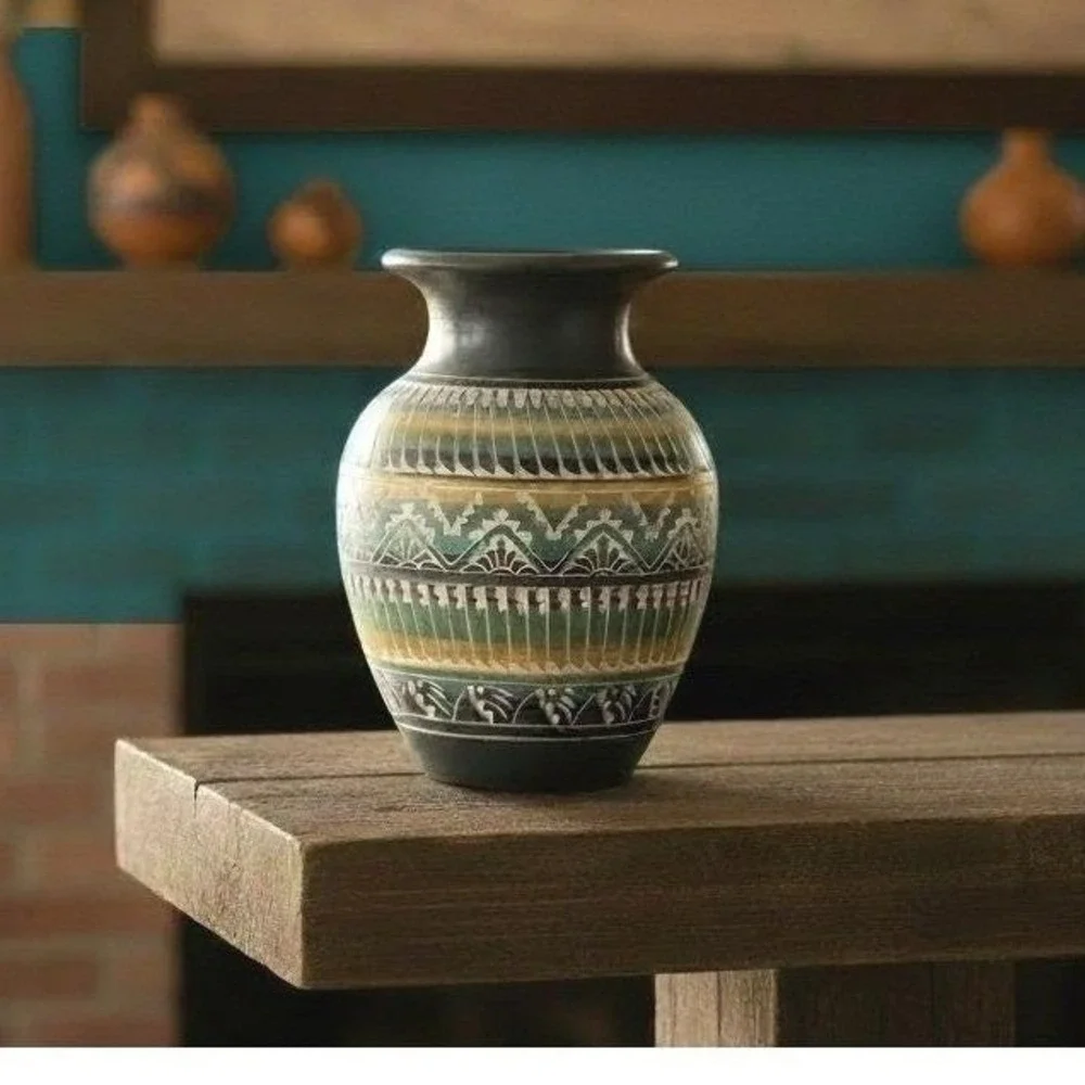 S Dennison Navajo Dine Etched Sgraffito Pottery Vase Grey Green Yellow 7.25