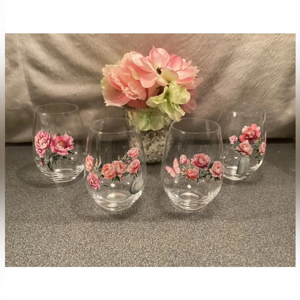 Wine Glasses Stemless Cottagecore Hand Decorated Set Of 4 Floral Peony & Roses