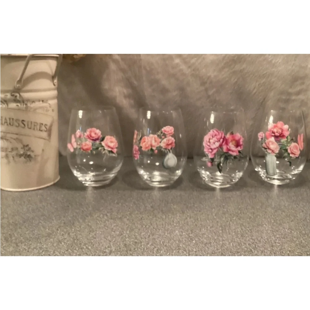 Wine Glasses Stemless Cottagecore Hand Decorated Set Of 4 Floral Peony & Roses