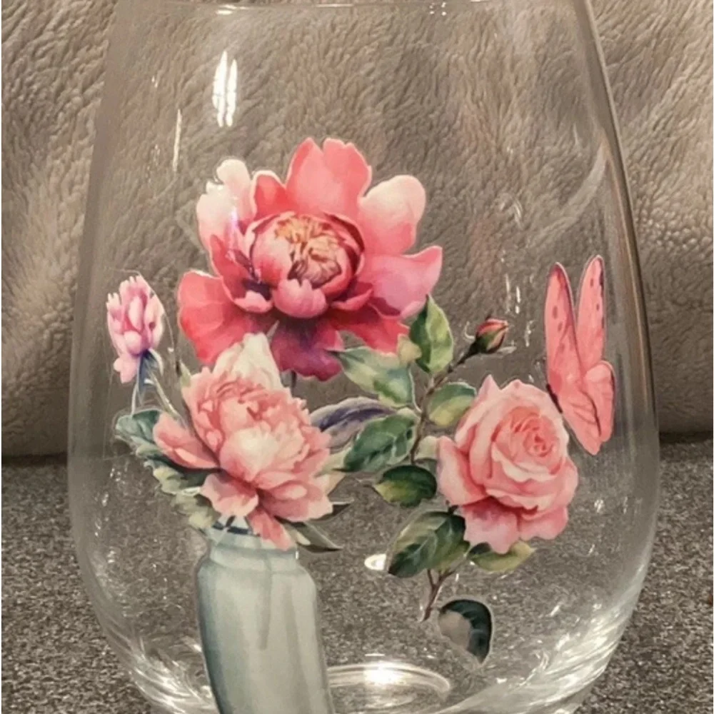 Wine Glasses Stemless Cottagecore Hand Decorated Set Of 4 Floral Peony & Roses
