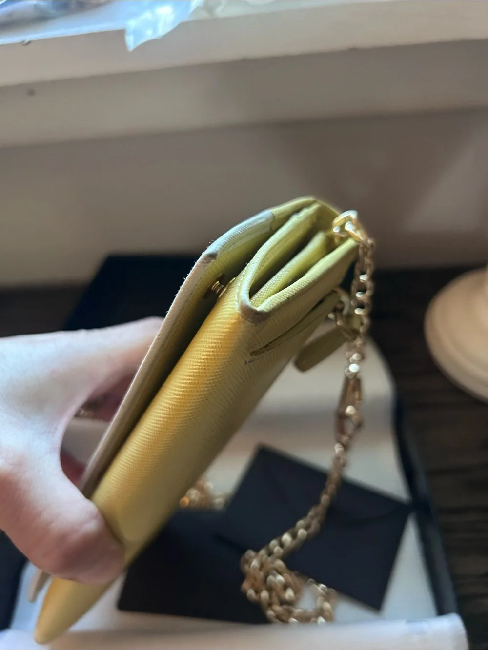 Prada Yellow and Cream Two-Tone Saffiano Shoulder Wallet