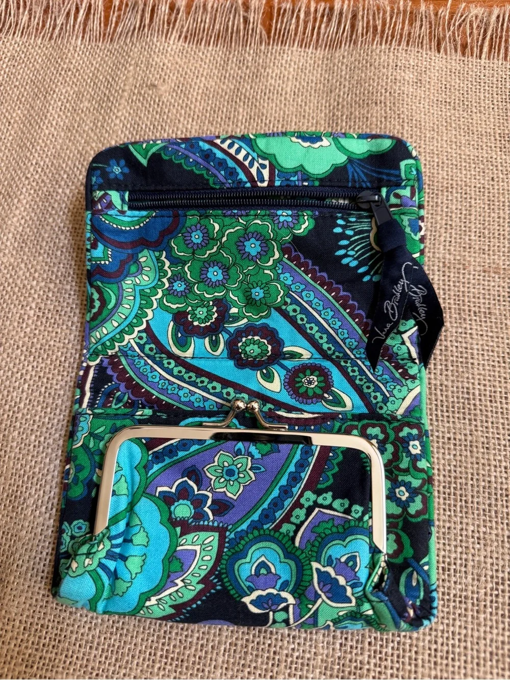 Vera Bradley Green and Navy Quilted Fold-Over Wristlet