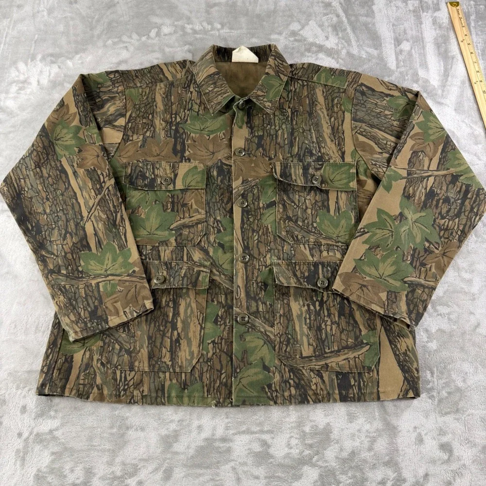 VTG 80s Trebark Camo Hunting Jacket Mens L Green Brown Leaf BarkCoat USA made