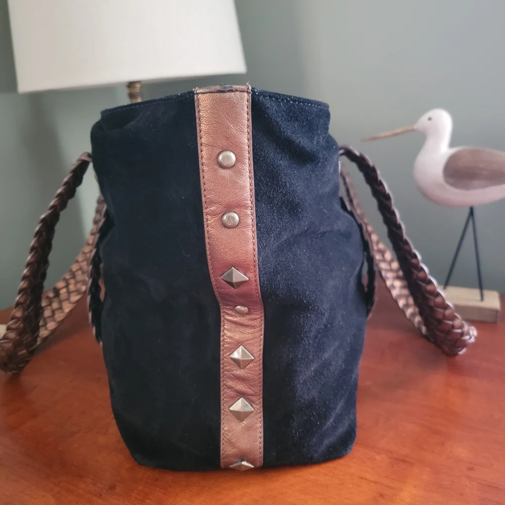 Donald J. Pliner Black Suede Braided Leather Tote Shoulder Bag Y2K