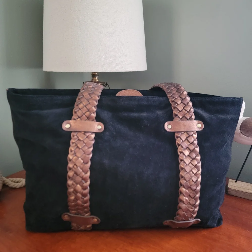 Donald J. Pliner Black Suede Braided Leather Tote Shoulder Bag Y2K
