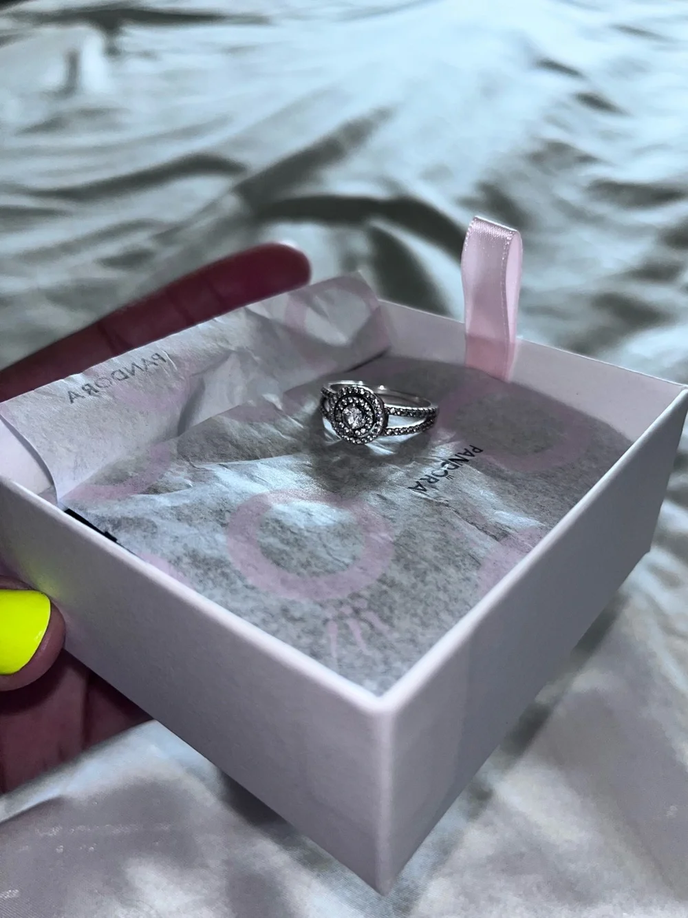 Pandora Sterling Silver Ring with Pink Accents and Halo Pavé