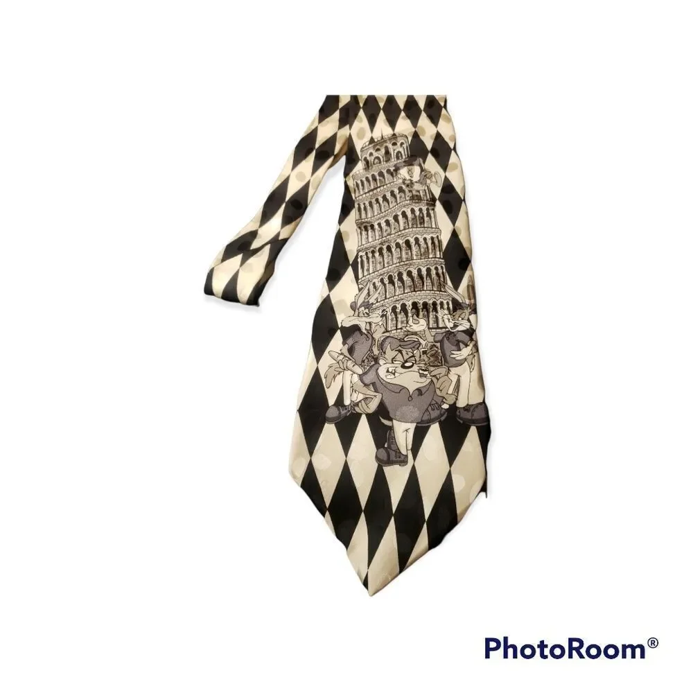Vintage Looney Tunes Black and White Pisa Italy  Taz 100% silk tie 59