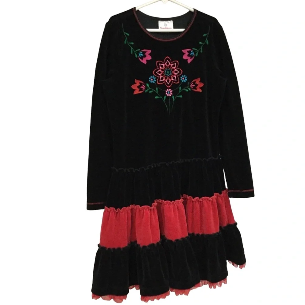 HANNAH ANDERSSON sz 10 Dress Embroidered Flowers Velour Long Sleeve Black Red +