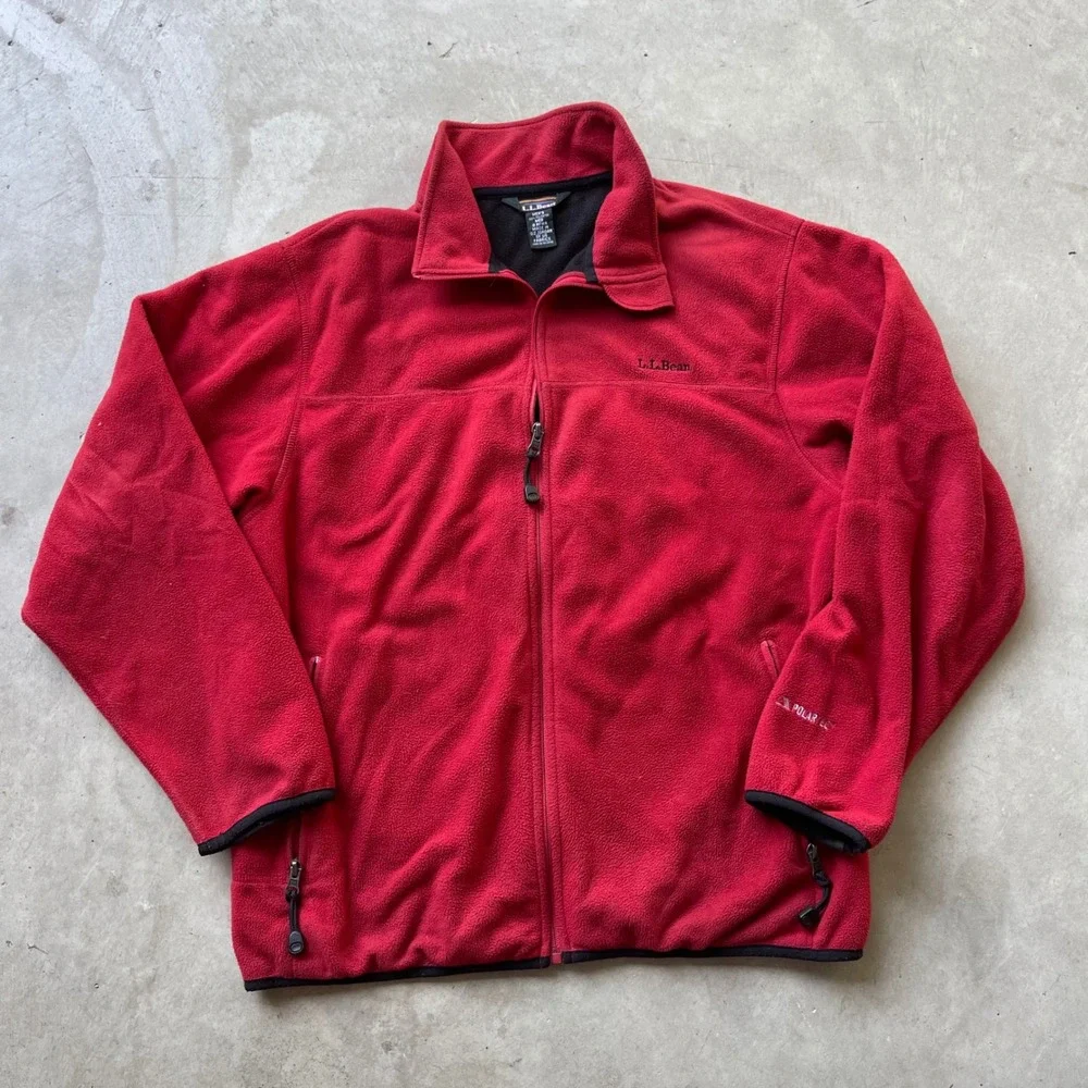 LL Bean Mens Red Polartec Full Zip Fleece Jacket Vintage Medium AFW4