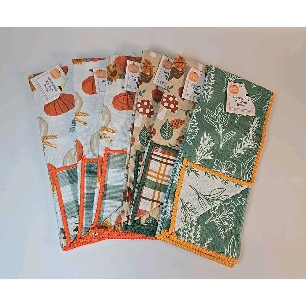 Reversible Kitchen Towel - Pumpkins/Green Plaid Acorns Fall Leaves Set Of 6