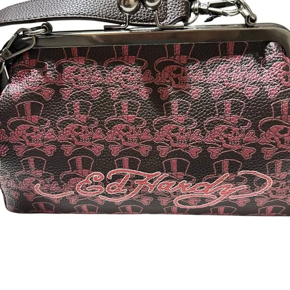 New Retro Y2K Ed Hardy Logo Bling Tiger Kiss lock Clutch removable chain strap