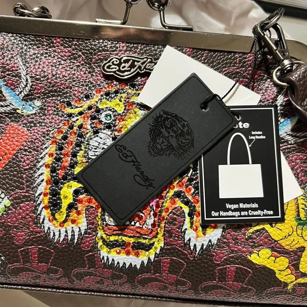 New Retro Y2K Ed Hardy Logo Bling Tiger Kiss lock Clutch removable chain strap