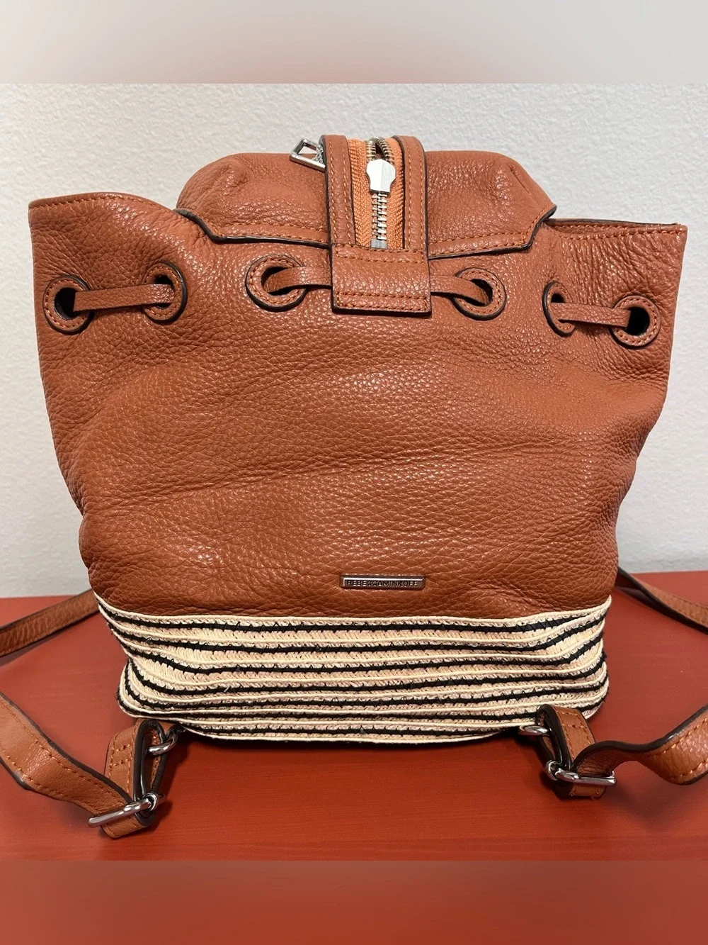 Rebecca Minkoff Cognac Brown Leather Raffia Backpack Purse Convertible Strap