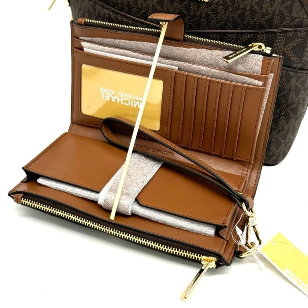 MICHAEL KORS Jet Set Travel Medium Dome Crossbody Bag & Double Zip Wallet Brown