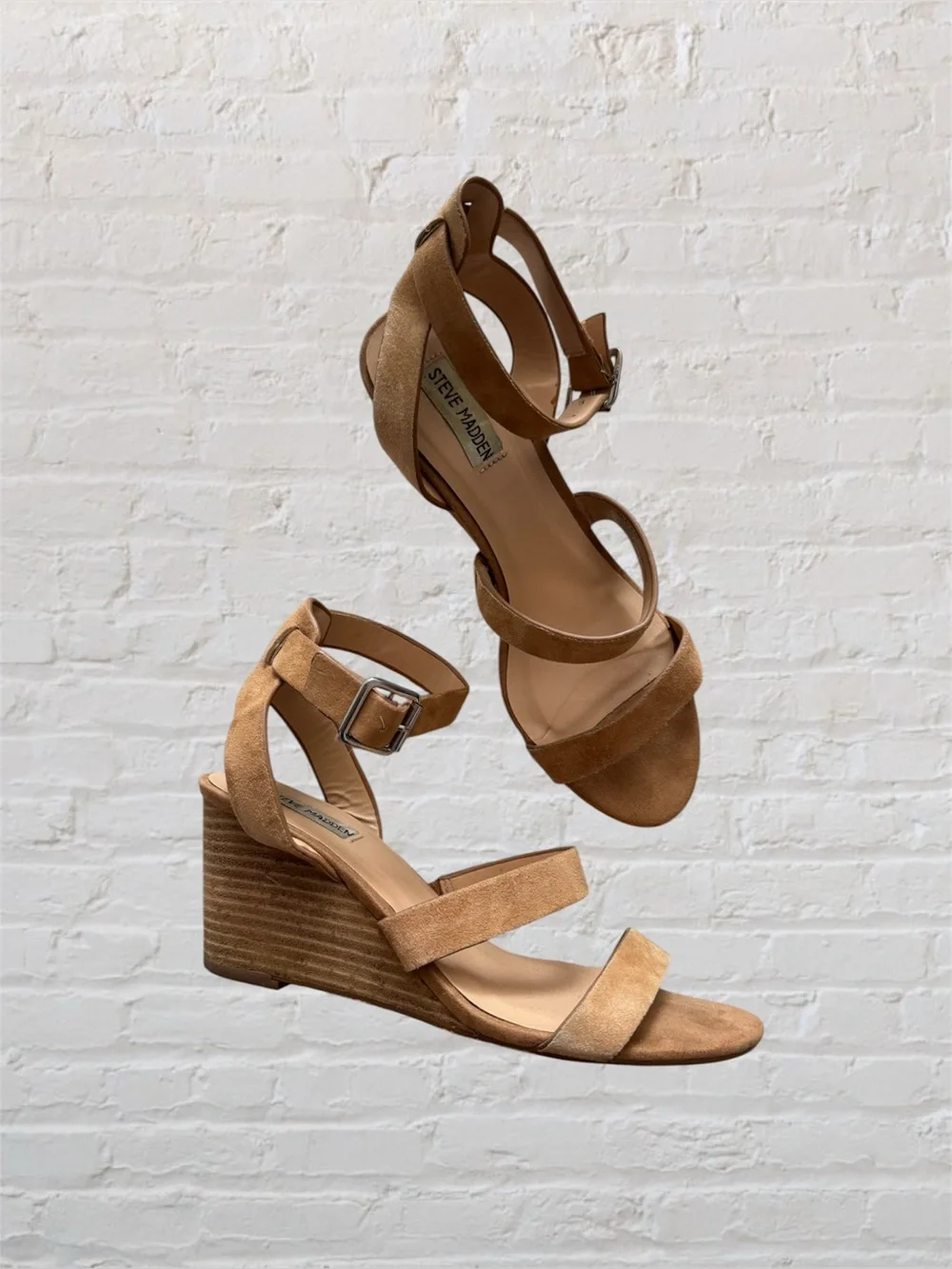 Steve Madden Caley leather suede caramel tan strappy wedge sandals