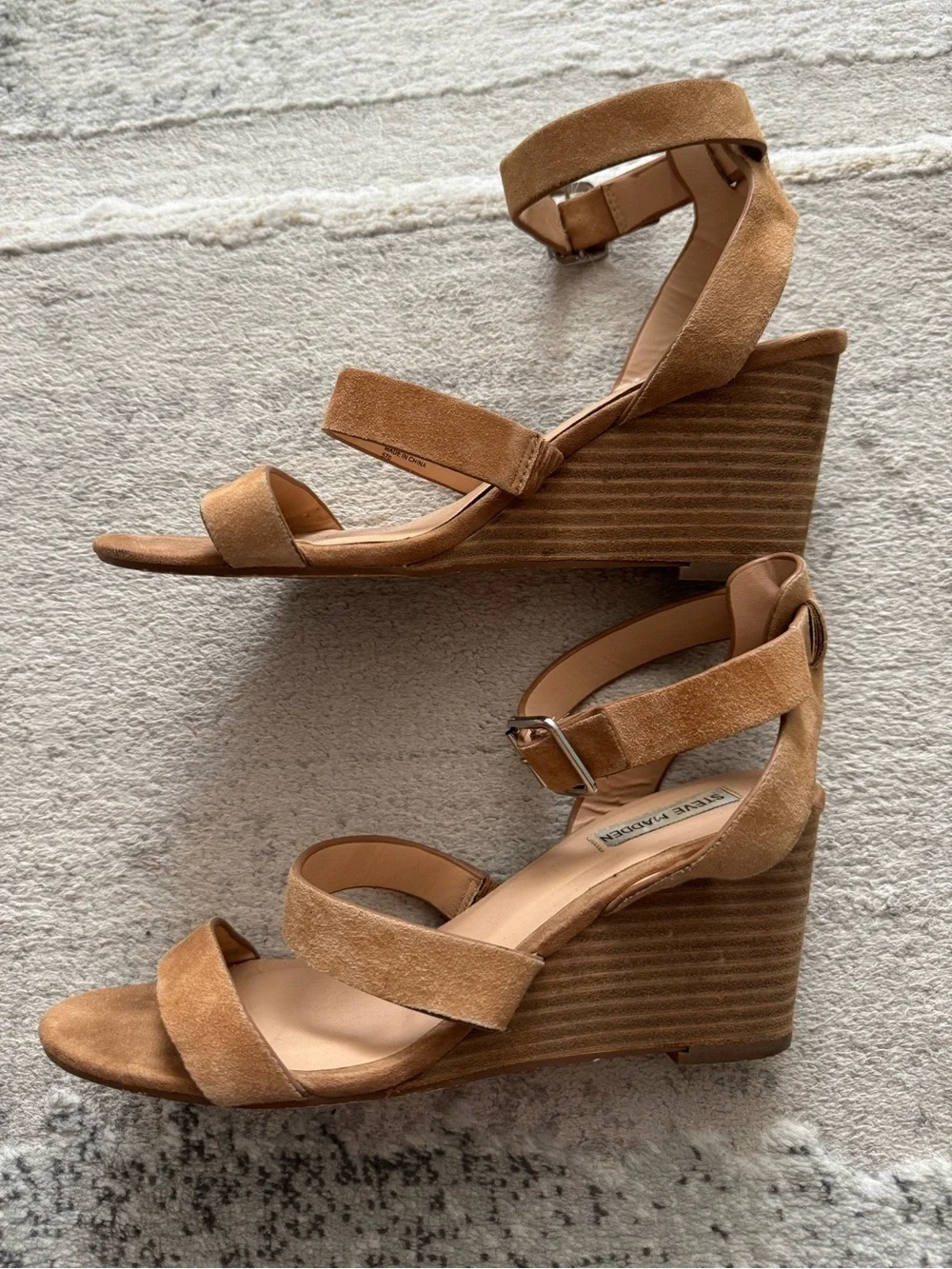 Steve Madden Caley leather suede caramel tan strappy wedge sandals