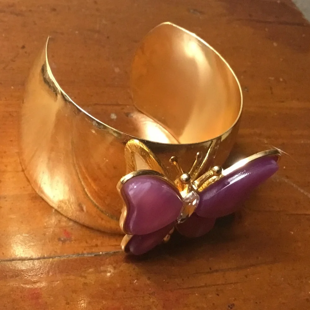 Golden Pink Butterfly Cuff Statement Bracelet