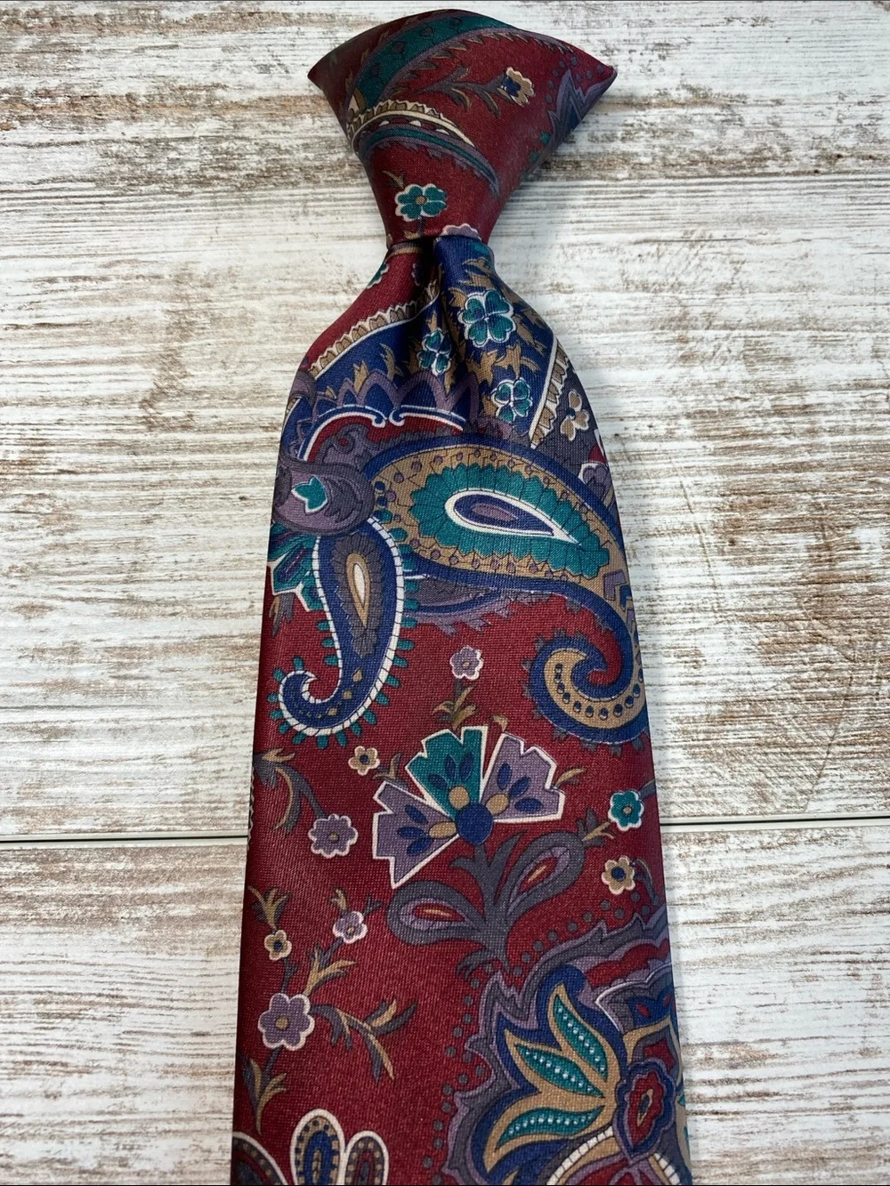 The Men's Store Clip-On 90s Burgundy and Teal Paisley Silk Tie