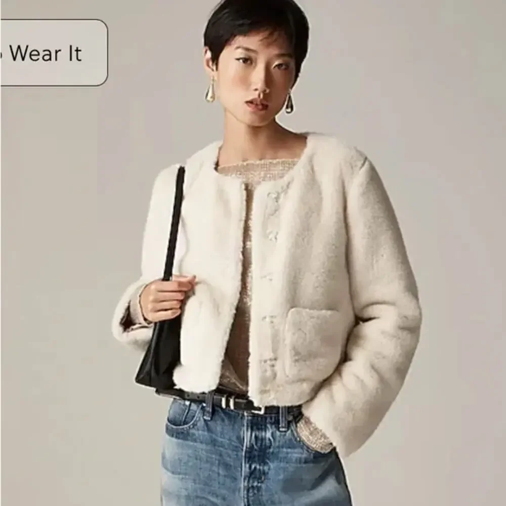 J.Crew Faux Fur Lady Jacket Cream Ivory Cropped Coat Size XS
