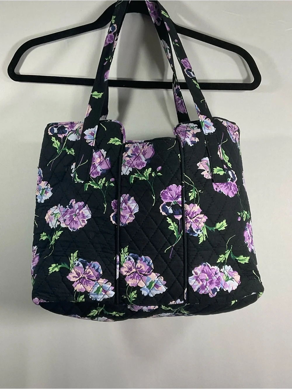 Quilted Floral Tote Bag in Black with Purple Flowers