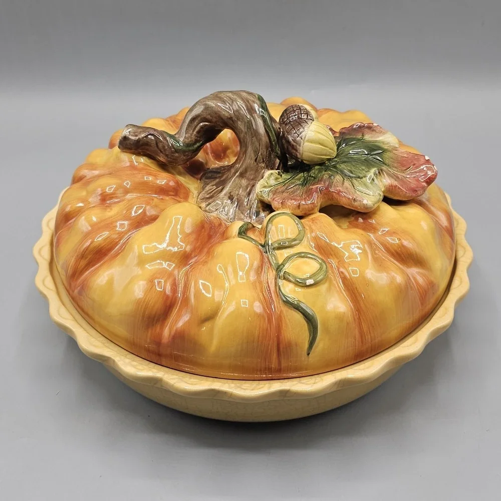 Vintage Cracker Barrel Ceramic Pumpkin Patch Lid Pumpkin Pie Plate Fall Harvest