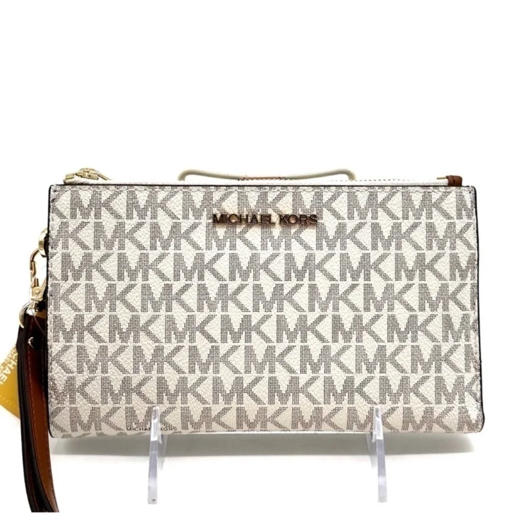 Michael Kors Double Zip Wallet Wristlet Vanilla/Brown Leather (NWT)