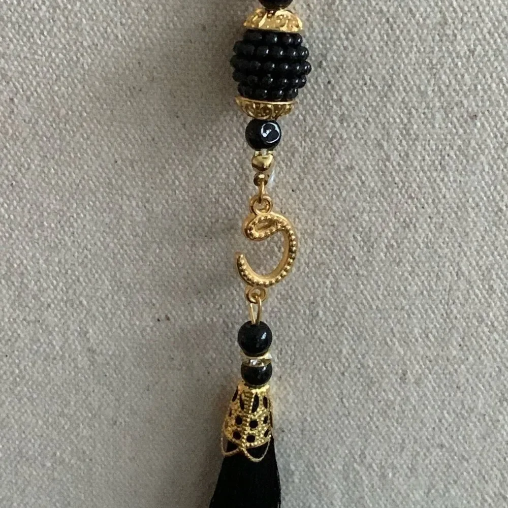 Black Bead Gold Tone Tassel Necklace Long Art Deco Flapper Style