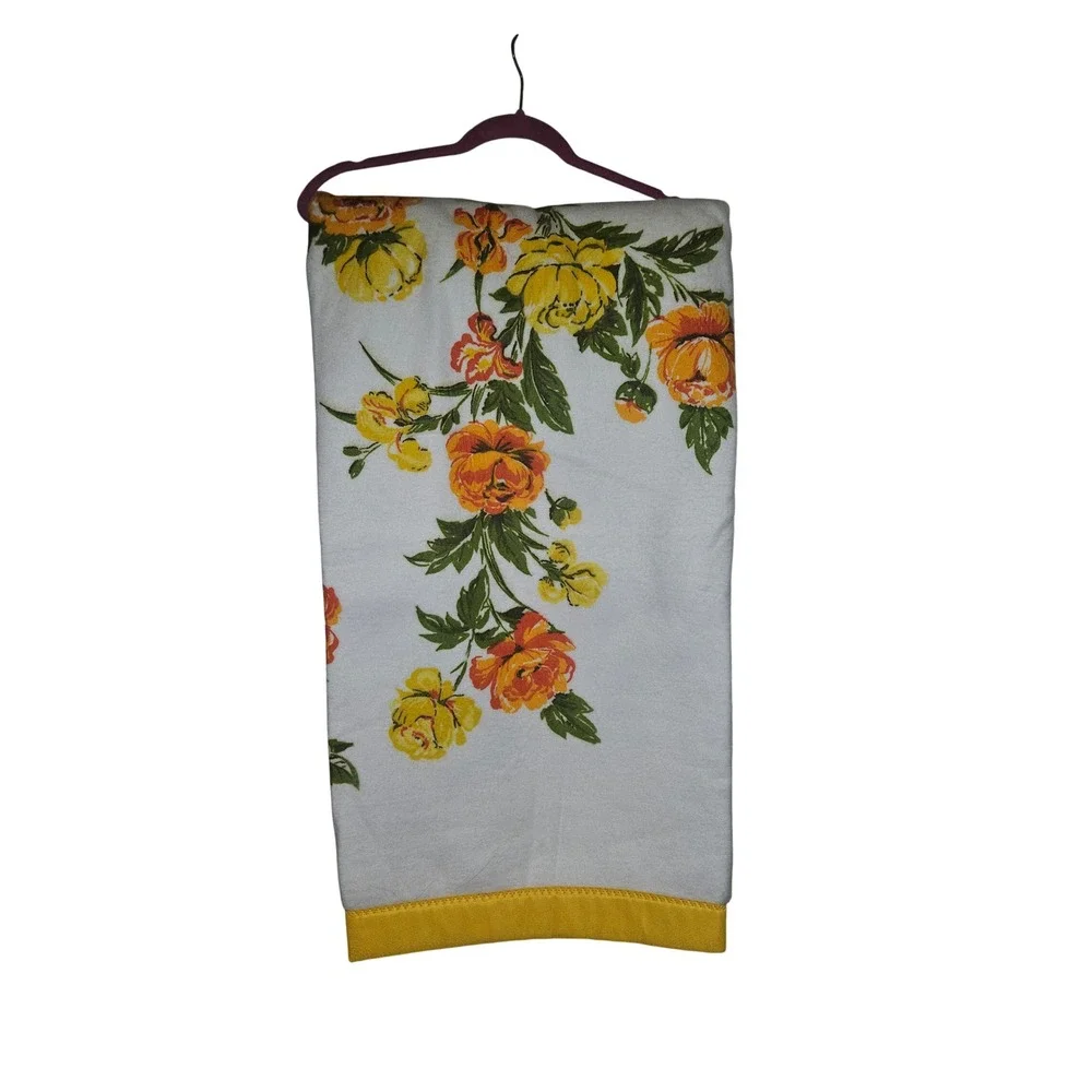 Vintage 70s Floral Thermal Blanket White Yellow Orange Rose‎ Satin Trim Retro