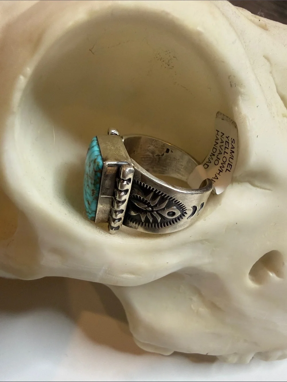 Navajo Web Kingman Sterling Silver Turquoise Ring size 9.5 Samuel Yellowhair