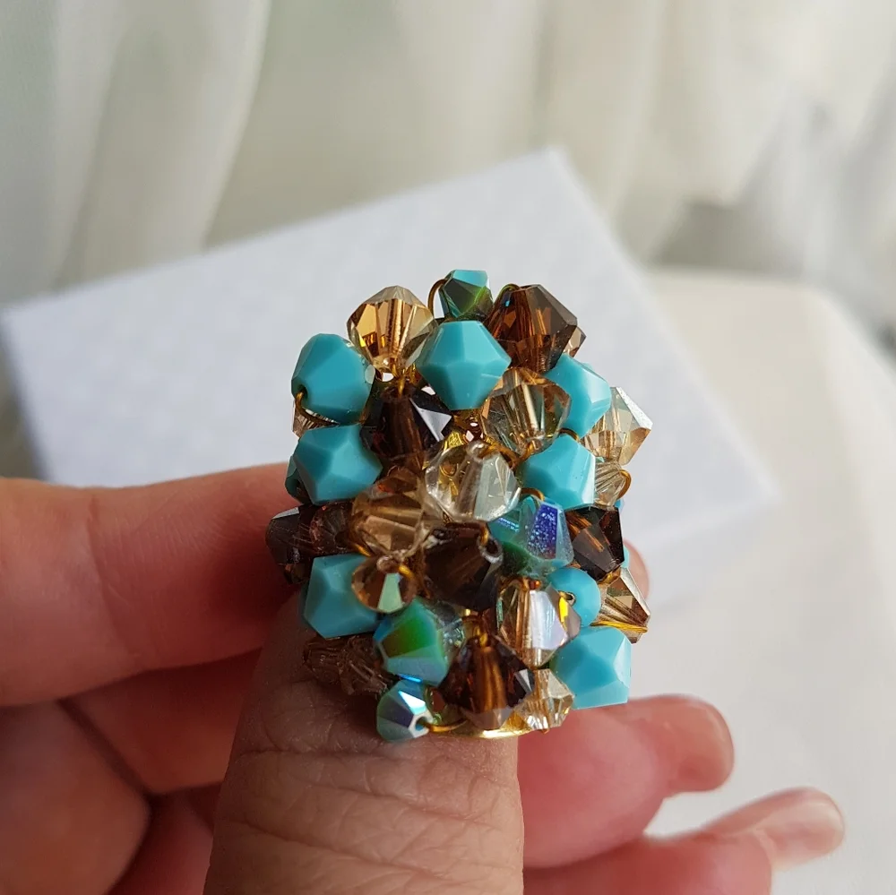 Swarovski Elements Large Turquoise Blue & Brown Cluster Statement Ring NWT
