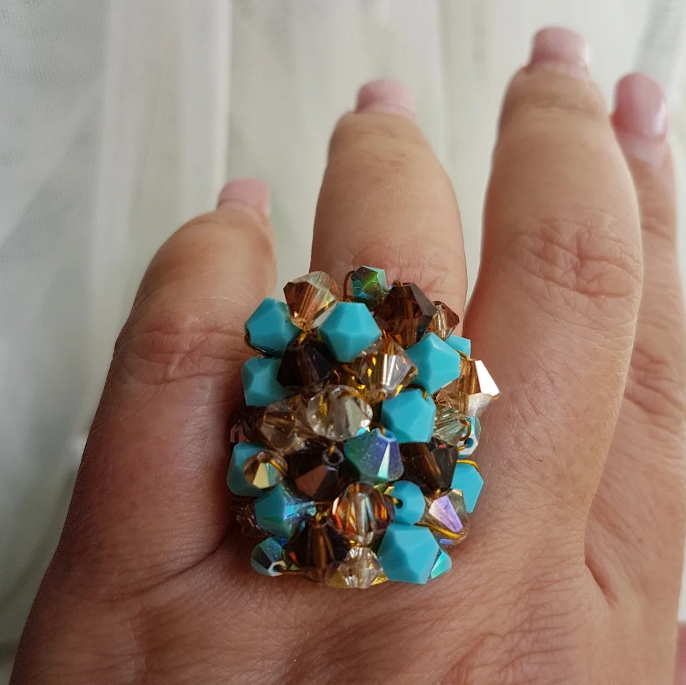 Swarovski Elements Large Turquoise Blue & Brown Cluster Statement Ring NWT