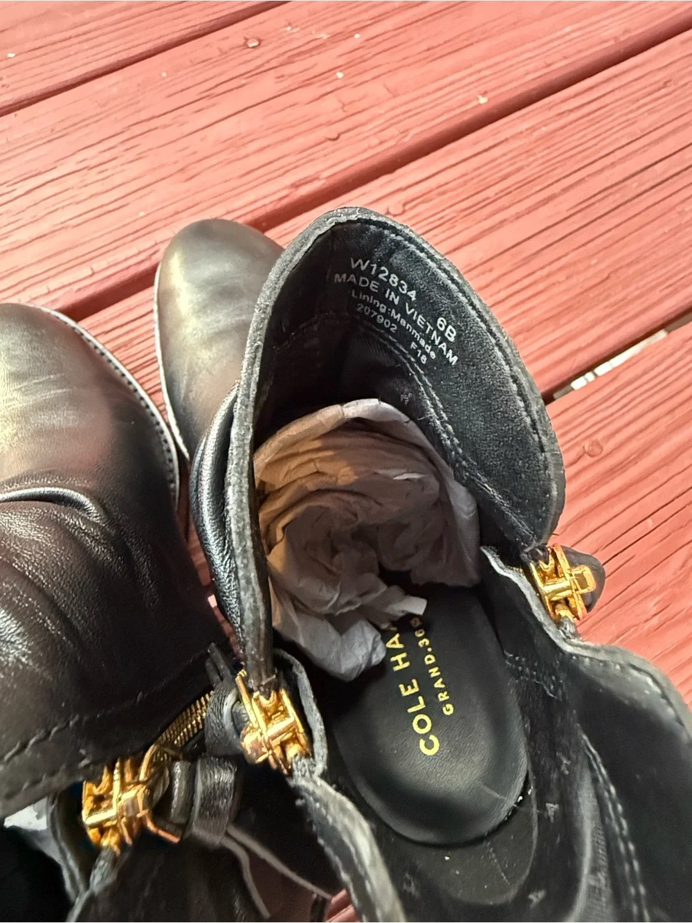Cole Haan Black Leather Ankle Boots with Gold Zippers