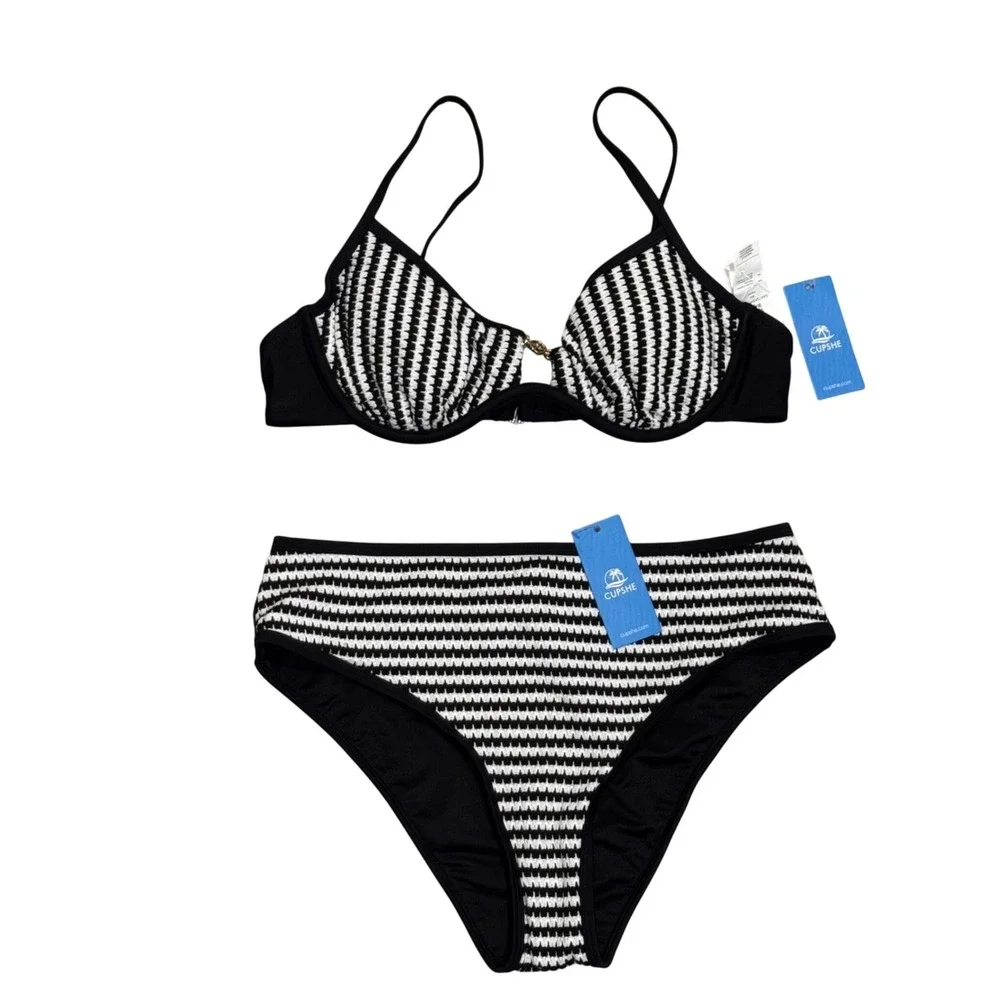 Cupshe Bikini Set Women Medium Black White New Striped High Waisted Underwire