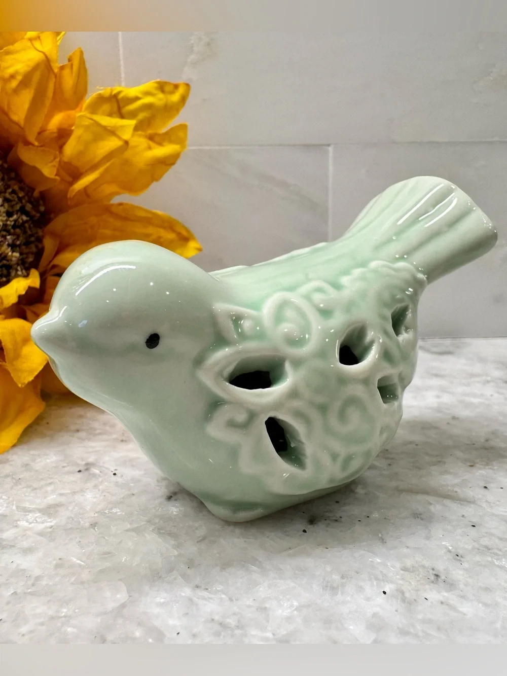 New Small French Country Cottage Cutouts Design Light Green Ceramic Bird - 3.25”