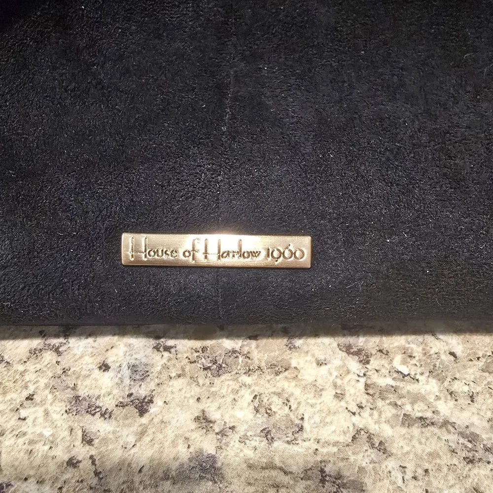 House of Harlow 1960 Black Vegan Suede Shoulder Bag with Gold Accents