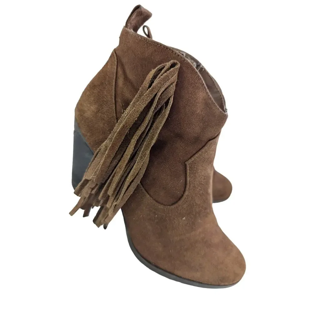 MADDEN GIRL! PANCHO NUTMEG BROWN GENUINE SUEDE LEATHER FRINGED BOOTS! SZ 8M