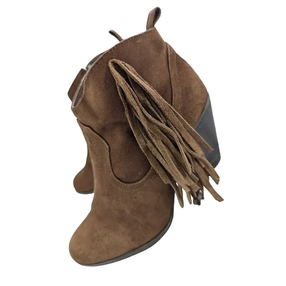 MADDEN GIRL! PANCHO NUTMEG BROWN GENUINE SUEDE LEATHER FRINGED BOOTS! SZ 8M