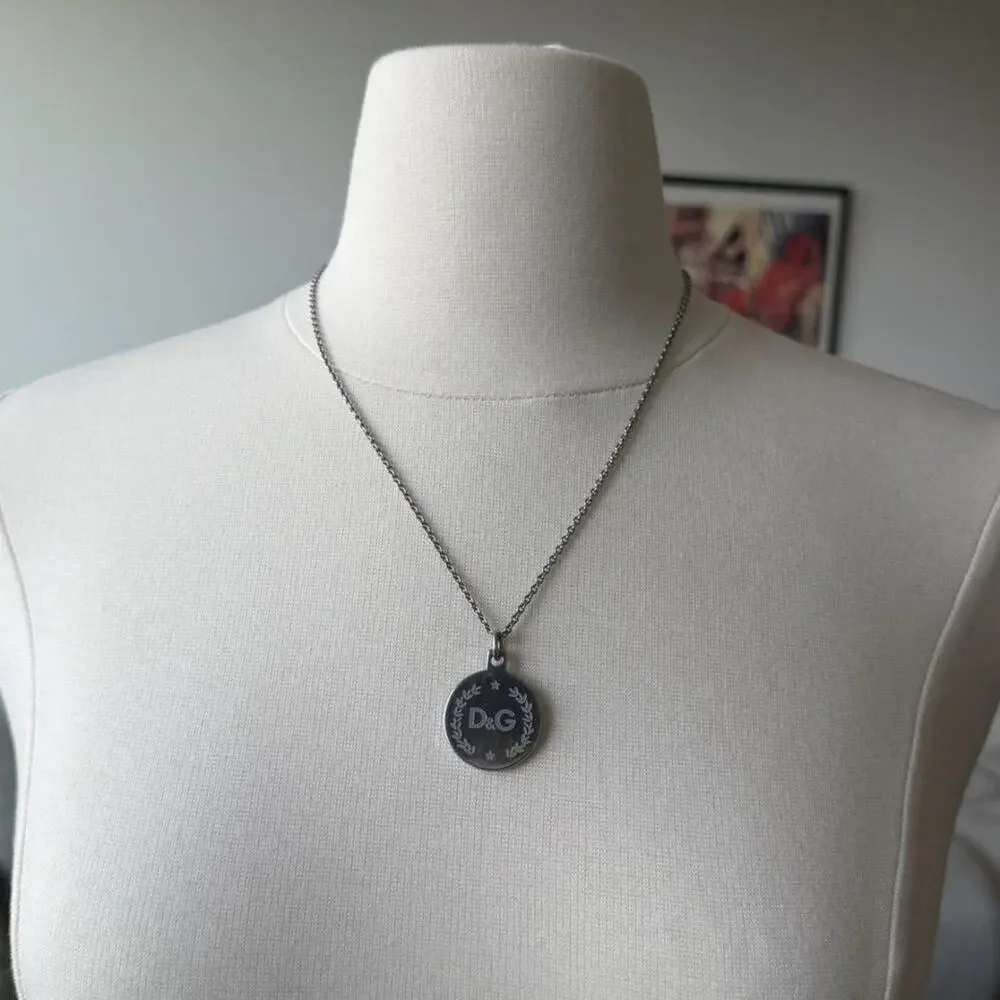 D&G Dolce & Gabbana Silver Logo Medallion Pendant Necklace
