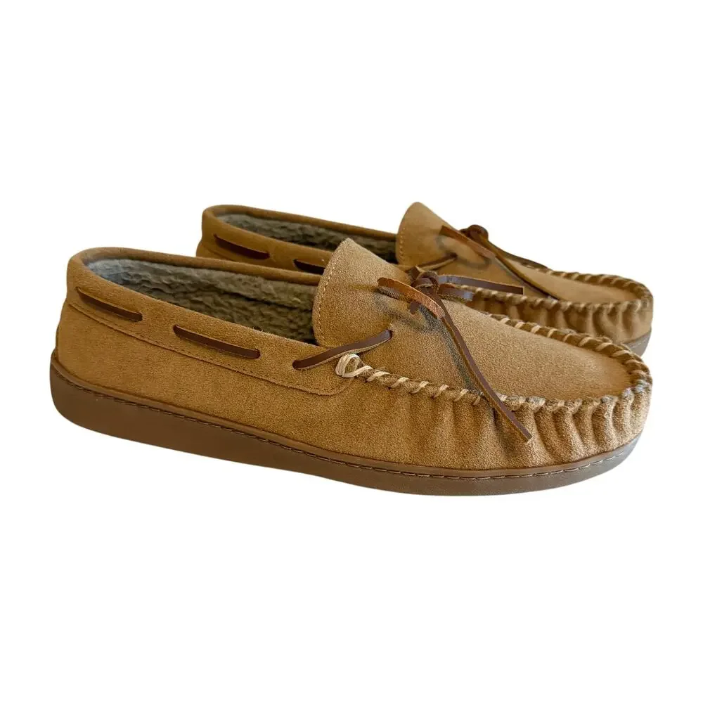 Minnetonka Moccasin Slippers Men 11 Tan Suede Faux Fur Lined Cozy Indoor Outdoor